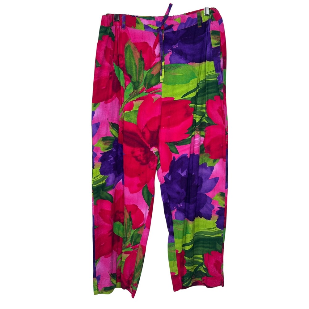 Jams World Pants Large Pink Garden Passion Floral Rayon Wide Leg Made in Hawaii